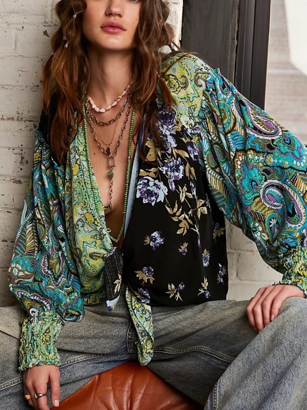 Free People Gemini top green Multicolor Paisley Blouse XS - Picture 1 of 11